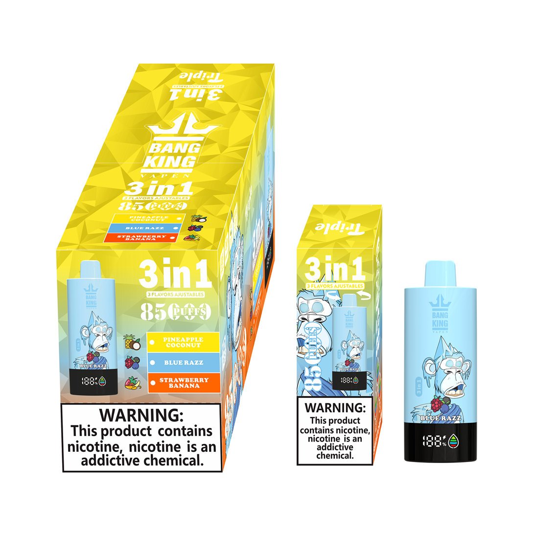 bang king triple 85k pineapple coconut - blue razz - strawberry banana