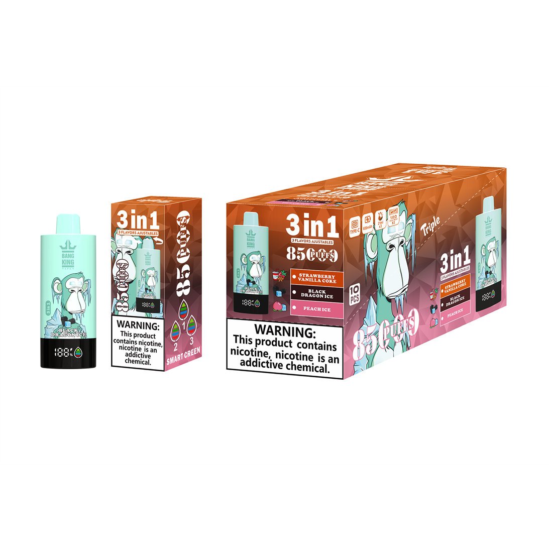 strawberry vanilla coke - black dragon ice - peach ice bang king triple 85000