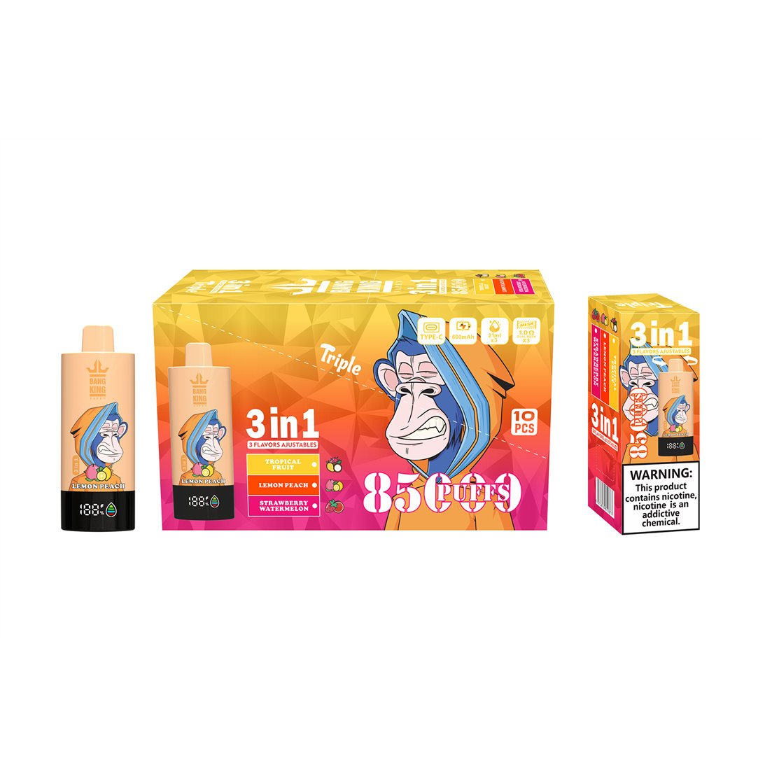 bang king triple 85000 tropical fruit - lemon peach - strawberry watermelon