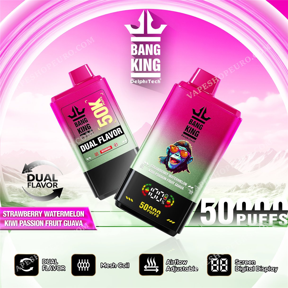 Strawberry Watermelon Kiwi Passion Fruit Guava Bang King 50000 Vape Vsedehhbk50000