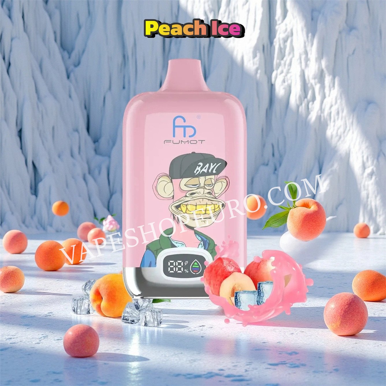 Peach Ice 12K Fumot Digital Box bietet ein vielschichtiges  Geschmacksprofil: Zuerst die sanfte Säure reifer Pfirsiche, gefolgt von  einer weichen, süßen Saftigkeit